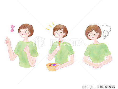 お腹をすかして食事して元気になっている女性 お腹をすかして食事して元気になっている女性 140101933