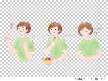 お腹をすかして食事して元気になっている女性 お腹をすかして食事して元気になっている女性 140101933