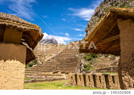 Panoramic view of the Inca fortress site Ollantaytambo in Peru 140102009