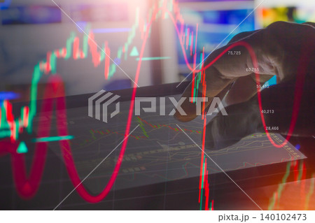 Stock market or forex trading graph and candlestick chart suitable for financial investment concept. Economy trends background for business idea and all art work design. Abstract finance background. Stock market or forex trading graph and candlestick chart suitable for financial investment concept. Economy trends background for business idea and all art work design. Abstract finance background. 140102473