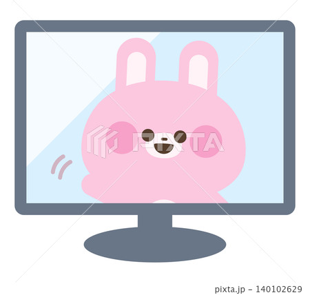 モニターの中で手を振るかわいいうさぎ 140102629