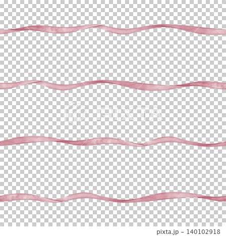 Hand-drawn watercolor illustration featuring wavy horizontal ribbon seamless pattern in a soft red or pink color. Repeat ornament on isolated background in retro coquette style. Hand-drawn watercolor illustration featuring wavy horizontal ribbon seamless pattern in a soft red or pink color. Repeat ornament on isolated background in retro coquette style. 140102918