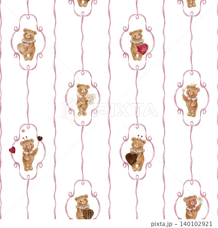 Vintage-style Teddy Bear seamless pattern with delicate pink ribbon frames. Hand drawn watercolor illustration. Cute background with animals for nursery wallpaper or childish textile design. 140102921