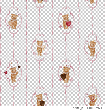 Vintage-style Teddy Bear seamless pattern with delicate pink ribbon frames. Hand drawn watercolor illustration. Cute background with animals for nursery wallpaper or childish textile design. 140102921