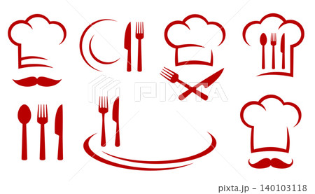 Cooking set with utensils, cook chef hat, fork, knife and spoon icons 140103118
