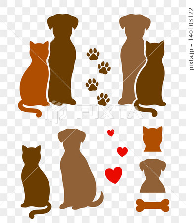 Sitting pets silhouettes, peeking dog and cat icons, paw print, bone, heart 140103122