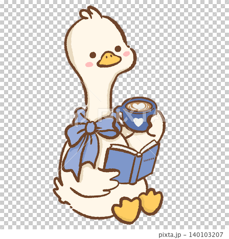 Cute Long Neck Goose Enjoying Quiet Morning Reading With Latte And Blue Ribbon Bow In Cozy Parisian Cafe Inspired Clipart Illustration Cute Long Neck Goose Enjoying Quiet Morning Reading With Latte And Blue Ribbon Bow In Cozy Parisian Cafe Inspired Clipart Illustration 140103207