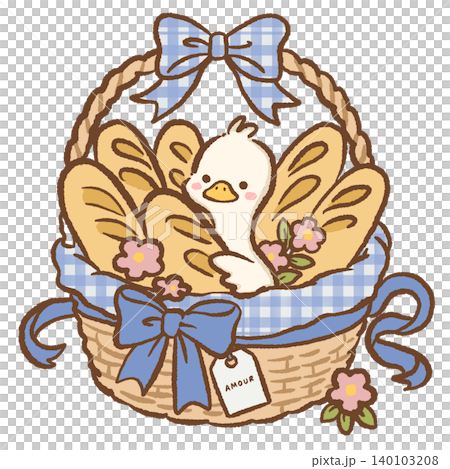 Cute Long Neck Goose Nestled Inside Rustic French Bread Basket Filled With Fresh Baguettes Blue Gingham Ribbon And Bakery Charm Clipart Illustration 140103208