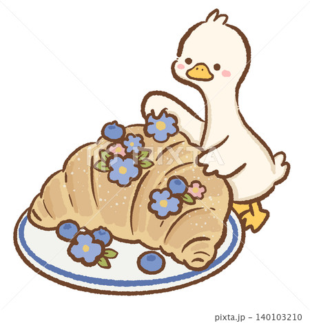 Cute Long Neck Goose Decorating Freshly Baked Croissant With Blue Flowers And Blueberries French Bakery Dessert Clipart Illustration Cute Long Neck Goose Decorating Freshly Baked Croissant With Blue Flowers And Blueberries French Bakery Dessert Clipart Illustration 140103210