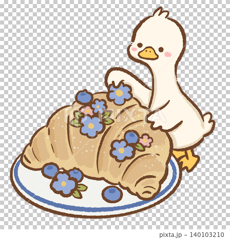 Cute Long Neck Goose Decorating Freshly Baked Croissant With Blue Flowers And Blueberries French Bakery Dessert Clipart Illustration Cute Long Neck Goose Decorating Freshly Baked Croissant With Blue Flowers And Blueberries French Bakery Dessert Clipart Illustration 140103210