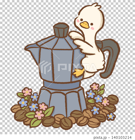 Cute Long Neck Goose Climbing Giant Italian Moka Pot Surrounded By Coffee Beans Flowers And Cafe Elements Clipart Illustration Cute Long Neck Goose Climbing Giant Italian Moka Pot Surrounded By Coffee Beans Flowers And Cafe Elements Clipart Illustration 140103214