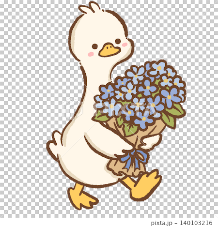Cute Long Neck Goose Carrying Large Blue Hydrangea Bouquet Walking Through Paris Flower Market Spring Garden Clipart Illustration Cute Long Neck Goose Carrying Large Blue Hydrangea Bouquet Walking Through Paris Flower Market Spring Garden Clipart Illustration 140103216