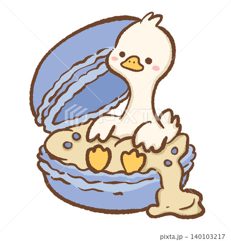 Cute Long Neck Goose Nestled Inside Giant Blue Macaron Cookie With Cream Filling Sweet French Dessert Clipart Illustration Cute Long Neck Goose Nestled Inside Giant Blue Macaron Cookie With Cream Filling Sweet French Dessert Clipart Illustration 140103217
