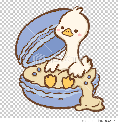 Cute Long Neck Goose Nestled Inside Giant Blue Macaron Cookie With Cream Filling Sweet French Dessert Clipart Illustration Cute Long Neck Goose Nestled Inside Giant Blue Macaron Cookie With Cream Filling Sweet French Dessert Clipart Illustration 140103217