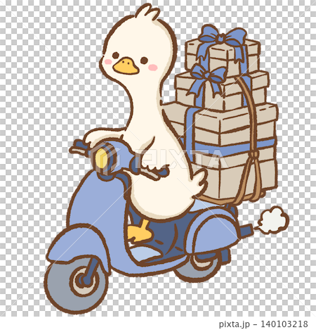 Cute Long Neck Goose Riding Vintage Delivery Scooter Carrying Stacked Gift Boxes Wrapped In Blue Ribbon Paris Clipart Illustration Cute Long Neck Goose Riding Vintage Delivery Scooter Carrying Stacked Gift Boxes Wrapped In Blue Ribbon Paris Clipart Illustration 140103218