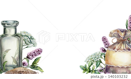 Apothecary bottle and herbal sachet watercolor template. Dill seeds, mint and yarrow border with copy space for organic pharmacy branding, medicinal tea packaging design, wellness web banner Apothecary bottle and herbal sachet watercolor template. Dill seeds, mint and yarrow border with copy space for organic pharmacy branding, medicinal tea packaging design, wellness web banner 140103232