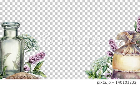 Apothecary bottle and herbal sachet watercolor template. Dill seeds, mint and yarrow border with copy space for organic pharmacy branding, medicinal tea packaging design, wellness web banner Apothecary bottle and herbal sachet watercolor template. Dill seeds, mint and yarrow border with copy space for organic pharmacy branding, medicinal tea packaging design, wellness web banner 140103232