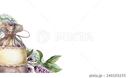 Apothecary sachet bag watercolor illustration template. Mint and yarrow herbal banner with copy space for traditional pharmacy packaging design, organic tea branding web header, 16:9 format Apothecary sachet bag watercolor illustration template. Mint and yarrow herbal banner with copy space for traditional pharmacy packaging design, organic tea branding web header, 16:9 format 140103235