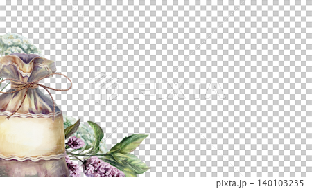 Apothecary sachet bag watercolor illustration template. Mint and yarrow herbal banner with copy space for traditional pharmacy packaging design, organic tea branding web header, 16:9 format Apothecary sachet bag watercolor illustration template. Mint and yarrow herbal banner with copy space for traditional pharmacy packaging design, organic tea branding web header, 16:9 format 140103235