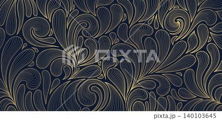 Elegant gold line floral pattern, leaves, botanical elements dark background. Luxury vector illustration, Art Deco, Nouveau, Japanese ornament, vintage aesthetic, wallpapers, wedding card Elegant gold line floral pattern, leaves, botanical elements dark background. Luxury vector illustration, Art Deco, Nouveau, Japanese ornament, vintage aesthetic, wallpapers, wedding card 140103645