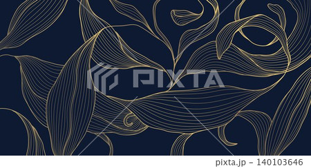 Elegant gold line floral pattern, leaves, botanical elements dark background. Luxury vector illustration, Art Deco, Nouveau, Japanese ornament, vintage aesthetic, wallpapers, wedding card Elegant gold line floral pattern, leaves, botanical elements dark background. Luxury vector illustration, Art Deco, Nouveau, Japanese ornament, vintage aesthetic, wallpapers, wedding card 140103646