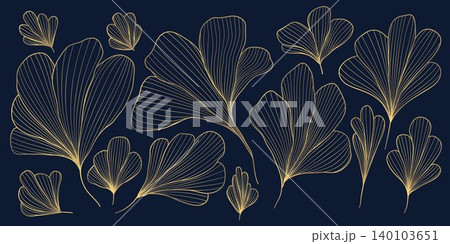 Elegant gold line floral pattern, leaves, botanical elements dark background. Luxury vector illustration, Art Deco, Nouveau, Japanese ornament, vintage aesthetic, wallpapers, wedding card Elegant gold line floral pattern, leaves, botanical elements dark background. Luxury vector illustration, Art Deco, Nouveau, Japanese ornament, vintage aesthetic, wallpapers, wedding card 140103651