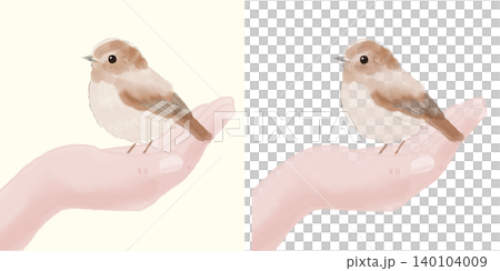 Illustration of a small bird perched on a hand (transparent background/PNG/JPEG) 140104009