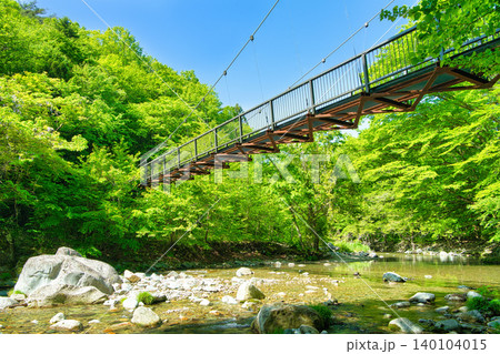 栃木県那須塩原市 木の俣園地を流れる木の俣川と巨岩吊り橋 栃木県那須塩原市 木の俣園地を流れる木の俣川と巨岩吊り橋 140104015