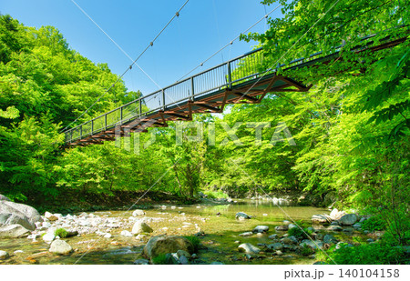 栃木県那須塩原市 木の俣園地を流れる木の俣川と巨岩吊り橋 栃木県那須塩原市 木の俣園地を流れる木の俣川と巨岩吊り橋 140104158
