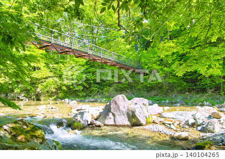 栃木県那須塩原市 木の俣園地を流れる木の俣川と巨岩吊り橋 栃木県那須塩原市 木の俣園地を流れる木の俣川と巨岩吊り橋 140104265