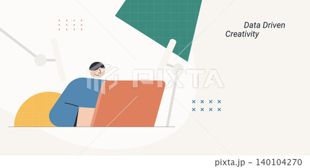 Flat design illustration of a person working on a laptop under a desk lamp, representing data driven creativity. Perfect for tech, business, design, digital marketing, and creative agency content. 140104270