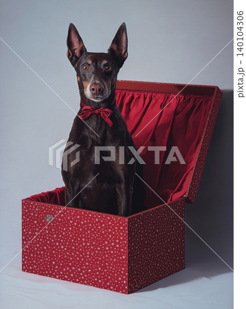 Dog with red bow sits in a red gift box. Studio lighting creates a bright playful mood. Dog with red bow sits in a red gift box. Studio lighting creates a bright playful mood. 140104306