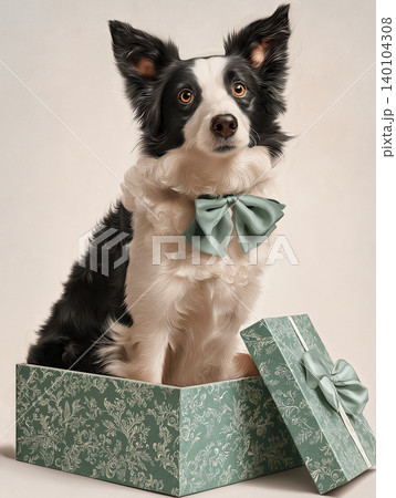 Border Collie in mint bow tie sits in a decorative gift box. Festive bow and patterned box enhance celebration. 140104308