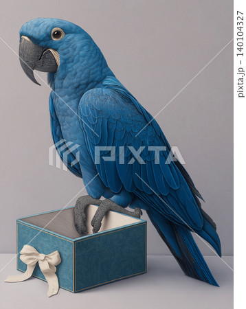 Blue macaw perched atop blue gift box. Studio lighting highlights vivid blue feathers. Blue macaw perched atop blue gift box. Studio lighting highlights vivid blue feathers. 140104327