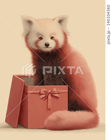 Red panda sits beside a pink gift box on a beige background. The gift box lid leans nearby. Red panda sits beside a pink gift box on a beige background. The gift box lid leans nearby. 140104360