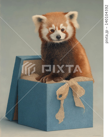 Red panda cub sits in a blue gift box in a studio. Soft lighting highlights the fur and ribbon. 140104392