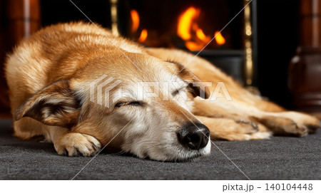Dog sleeping by the fireplace in the living room. Warm firelight creates a cozy mood. 140104448
