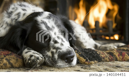 Dog sleeping by the fireplace in the living room. Firelight lights the room with a warm glow. 140104451