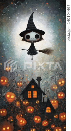 Witch in black dress flies on a broom over a haunted village at night. Glowing jack o lanterns illuminate crooked houses. 140104467