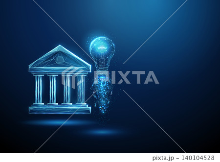 3D blue bank and lightbulb launch. Financial innovation, startup, business growth, online investment, creative strategy, success, inspiration, development concept 140104528