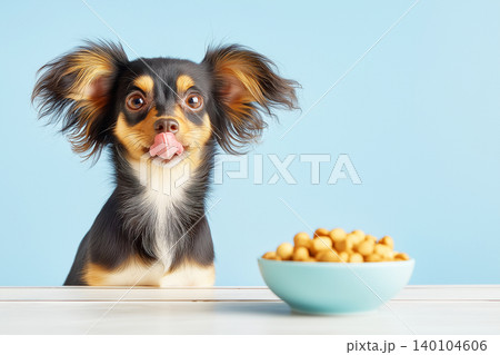 Chihuahua dog sticks its tongue at a table with a bowl of snacks. Bright studio shot with a blue background. Chihuahua dog sticks its tongue at a table with a bowl of snacks. Bright studio shot with a blue background. 140104606