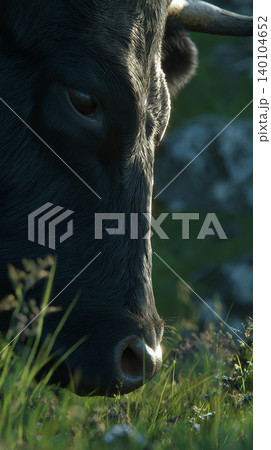 Cow grazing in a field. Soft sunlight highlights the fur and grass. Cow grazing in a field. Soft sunlight highlights the fur and grass. 140104652