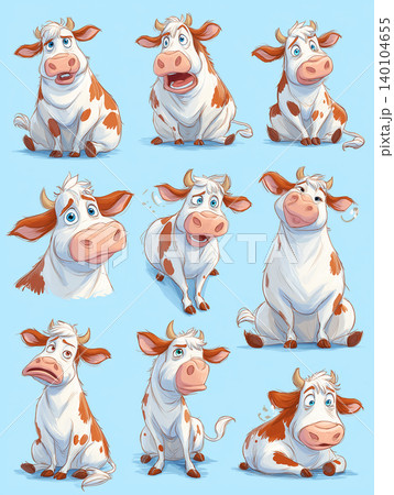 Cartoon cows sit on a blue background. Cows display playful expressions. Cartoon cows sit on a blue background. Cows display playful expressions. 140104655