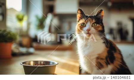 Calico cat sits by a metal food bowl in kitchen. Warm sunlight fills kitchen. 140104681