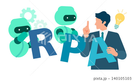 RPAのAIロボットと男性会社員が協働して業務自動化や効率化を進めるビジネスイラスト RPAのAIロボットと男性会社員が協働して業務自動化や効率化を進めるビジネスイラスト 140105103
