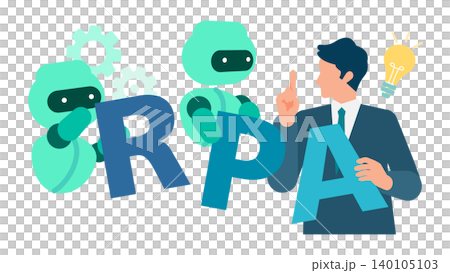 A business illustration depicting an RPA AI robot and a male office worker collaborating to automate and streamline business processes. A business illustration depicting an RPA AI robot and a male office worker collaborating to automate and streamline business processes. 140105103