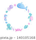 Decorative frame with cute cartoon sea animals. Whale, jellyfish, octopus, fish, seahorse, turtle, crab, star. Children's vector illustration for the design of posters, flyers, postcards, invitations 140105168