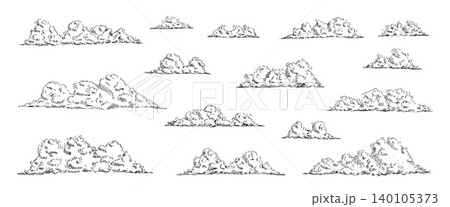Handmade cloud sketch with vintage pen lines. Windy sky pen drawing with hatching. Vector illustration for artistic design nature-themed graphics. Cloudy sky set isolated on transparent background Handmade cloud sketch with vintage pen lines. Windy sky pen drawing with hatching. Vector illustration for artistic design nature-themed graphics. Cloudy sky set isolated on transparent background 140105373