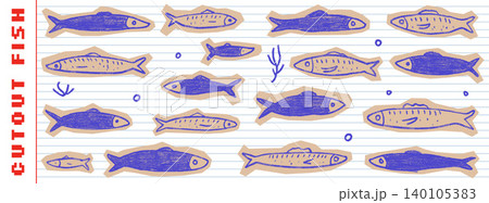 Cutout fish paper texture for notebook sticker and craft card. Crayon sardine doodle sketch with scrapbook collage on lined page. Vector cutout fish set for journal poster isolated on school notebook 140105383