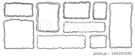 Frame with wavy whimsical rectangle border and organic squiggle outline for invitation. Wavy hand drawn frame in doodle sketch with quirky lace line. Vector text box pack isolated for advertisement bg 140105395